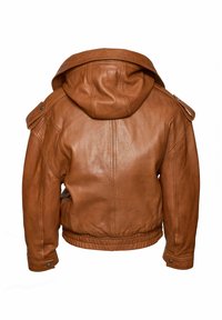 Braune Lederjacke mit Kapuze, ausgestattet mit Schulterklappen, elastischem Saum, strukturierter Oberfläche und Nähdetails. Rückansicht gezeigt.
