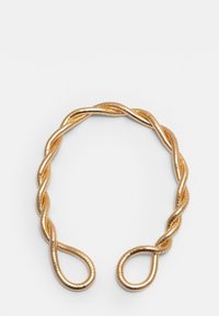 Accessorio in metallo dorato attorcigliato con estremità ad anello, caratterizzato da una texture a spirale e una finitura liscia, progettato per uso nei capelli o come ornamento.