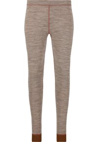 Tapered bruine leggings van een gestructureerde stof met een gemêleerd patroon, voorzien van contrasterende bruine boorden en gestikte naden.