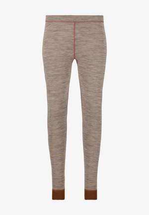 Taperede brune leggings lavet af et tekstureret stof med et meleret mønster, der har kontrasterende brune manchetter og stikninger.