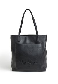 Mustat nahkaiset kassi, jossa on teksturoidut pinnat, kaksinkertaiset kahvat ja etutasku, jossa on kohokuvioitu "Pepe Jeans London" -brändäys.