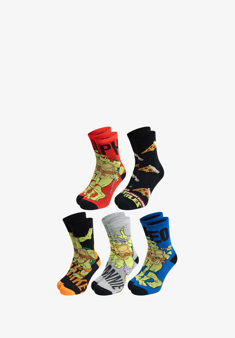 Fünf Paare bunter Socken mit den Teenage Mutant Ninja Turtles. Verschiedene Farben: rot, schwarz, grau, blau und orange. Grafische Designs und Text.
