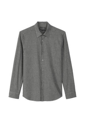Camicia a maniche lunghe in tessuto pied-de-poule bianco e nero, con colletto classico, pattina frontale e texture del tessuto morbida.