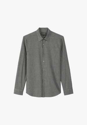 Koszula z długim rękawem w czarno-białą kratę o wzorze houndstooth, z klasycznym kołnierzykiem, przodem na guziki oraz miękką fakturą materiału.