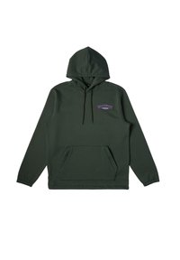 Felpa verde scuro realizzata in materiale morbido, con tasca anteriore a marsupio, cappuccio regolabile con cordini e logo ricamato viola sul petto.