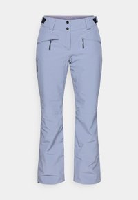 Pantaloni de schi de culoare albastru deschis, fabricați dintr-un material rezistent la apă, având două buzunare cu fermoar, o croială dreaptă și un braț ajustabil cu închidere cu buton.