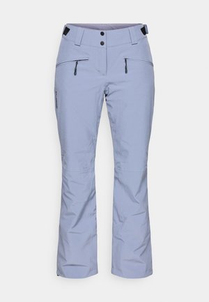 Jasnoniebieskie spodnie narciarskie wykonane z materiału wodoodpornego, z dwiema kieszeniami na zamek, prostym krojem oraz regulowanym stanem z zapięciem na guzik.