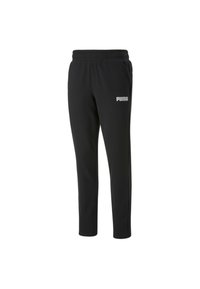 Schwarze Jogginghose aus weichem Stoff, mit einem elastischen Bund, seitlichen Taschen und einem weißen Puma-Logo auf dem linken Oberschenkel.