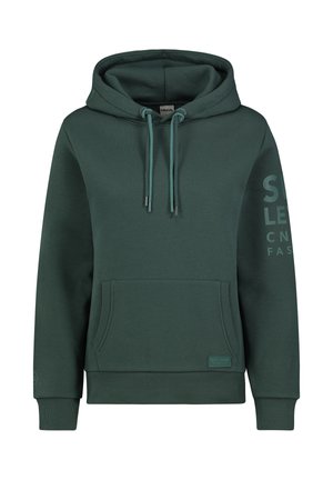 Grüne Kapuzenjacke aus weichem Stoff, mit vorderer Tasche, Kordelzugkapuze, gerippten Bündchen und einem aufgedruckten Logo an der Seite.