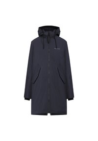 Parka impermeabile blu navy con cappuccio, zip frontale, due tasche laterali e polsini elasticizzati. Il materiale appare liscio con una finitura opaca.