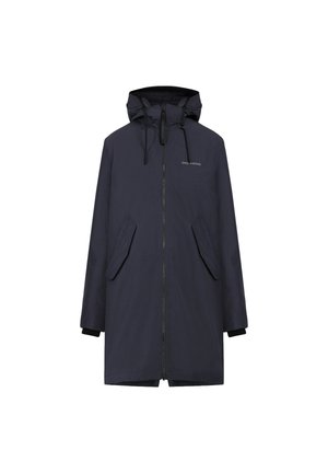 Parka impermeabile blu navy con cappuccio, zip frontale, due tasche laterali e polsini elasticizzati. Il materiale appare liscio con una finitura opaca.