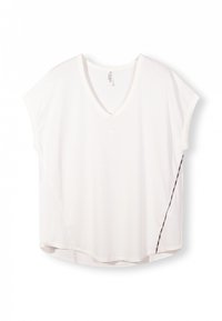 Hvid kortærmet V-hals t-shirt med sidebroderi detaljer. Lavet af blødt stof; let afrundet nederste kant med en afslappet pasform.
