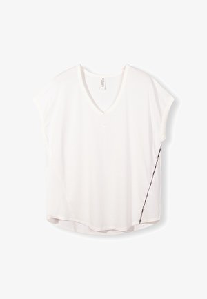 Hvid kortærmet V-hals t-shirt med sidebroderi detaljer. Lavet af blødt stof; let afrundet nederste kant med en afslappet pasform.