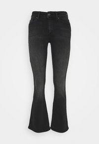 Svarta utsvängda jeans i denim, med en figurnära midja, fem fickor och subtila blekningar vid knäna.
