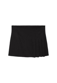 Gonna mini plissettata nera in tessuto elasticizzato, con plissè laterali e vita aderente, caratterizzata da una texture liscia e linee pulite.