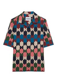 Kurzarmhemd mit Kragen in buntem, geometrischem Muster; zeigt abgerundete Formen in Marineblau, Grün, Pink und Creme; der Stoff wirkt glatt.