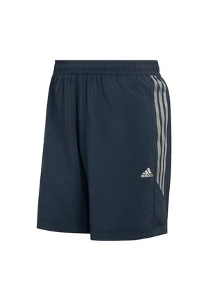 Pantalones cortos deportivos Adidas de color azul marino con cintura elástica, tres rayas blancas a lo largo del lateral y el logotipo de Adidas en la pierna izquierda.