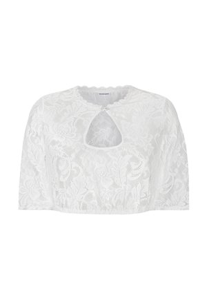 White lace cropped top with floral pattern, short sleeves, scalloped neckline, and a teardrop keyhole cutout at the center front.