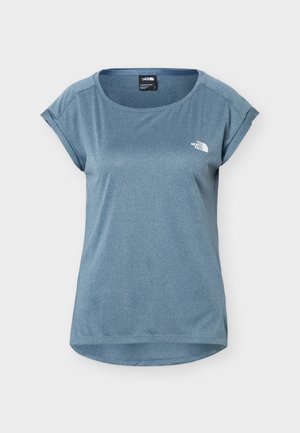 Niebieska sportowa koszulka z krótkim rękawem, okrągłym dekoltem i logo The North Face na lewej piersi.