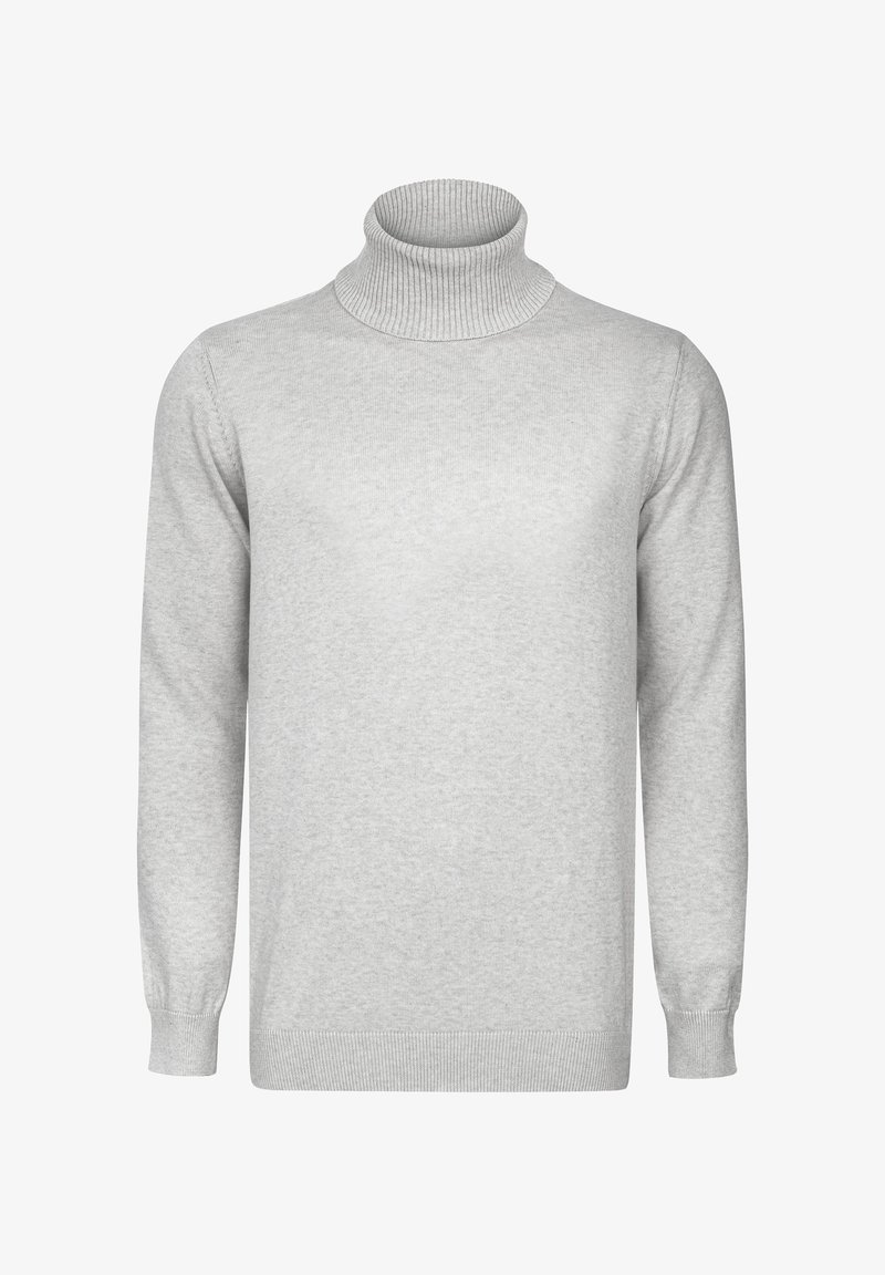 Helles graues Rollkragenpullover aus weichem Strickmaterial. Mit geripptem Kragen und Bündchen, langen Ärmeln und lockerer Passform. Keine Muster oder Verzierungen.