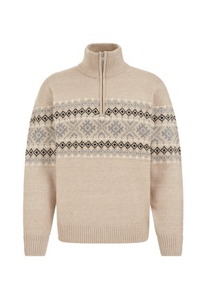 Beżowy sweter z dzianiny z półzamkiem, ozdobiony geometrycznym wzorem w odcieniach szarości i czerni na wysokości klatki piersiowej. Ściągacze przy mankietach i u dołu.