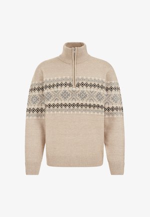 Beżowy sweter z dzianiny z półzamkiem, ozdobiony geometrycznym wzorem w odcieniach szarości i czerni na wysokości klatki piersiowej. Ściągacze przy mankietach i u dołu.