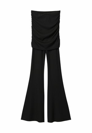 Combinaison noire sans bretelles avec corsage froncé et pantalon à jambes larges, présentée sur un fond blanc.