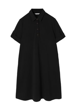 Abito polo nero con maniche corte, pattina con bottoni e risvolti. Realizzato in tessuto morbido, presenta una silhouette ampia a forma di A.