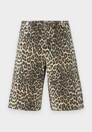 Denim kratke hlače s leopardjim vzorcem v svetlo rjavi, črni in bež barvi, s petimi žepi in ravnim krojem.
