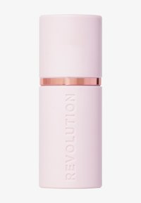 Rosa zylindrisches Lippenprodukt mit mattem Finish, verziert mit einem roségoldenen Band und geprägt mit dem Schriftzug "REVOLUTION." Glatte Oberfläche.