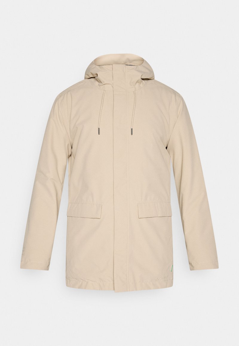 Beige jas met een capuchon, elastische trekkoorden en twee voorzakken. Kenmerkt zich door een gladde, waterafstotende stof en een recht ontwerp.