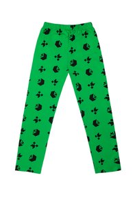 Green leggings made of soft fabric featuring a repeating black geometric pattern, including cubes and crosses, with an elastic waistband.