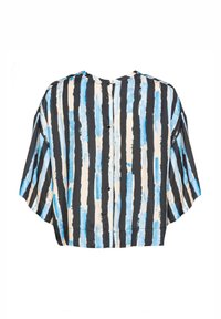Camicia con bottoni caratterizzata da un motivo astratto di strisce blu e nere su uno sfondo crema, con una vestibilità ampia e maniche corte.