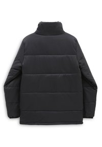 Giubbotto puffer nero con colletto alto, caratterizzato da sezioni trapuntate orizzontali e polsini elasticizzati. Tessuto di finitura liscia e lucida.
