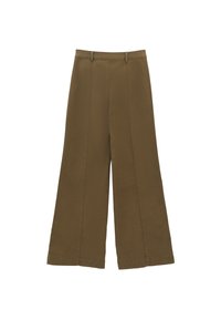 Brązowe, szerokie spodnie o gładkiej fakturze, z paskiem w talii i pionowymi szwami z przodu. Brak widocznych kieszeni lub akcentów.