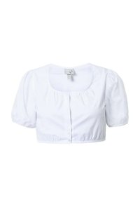 Blusa bianca corta con maniche a palloncino, scollatura rotonda, chiusura frontale con bottoni e orlo elasticizzato arricciato per uno stile aderente.