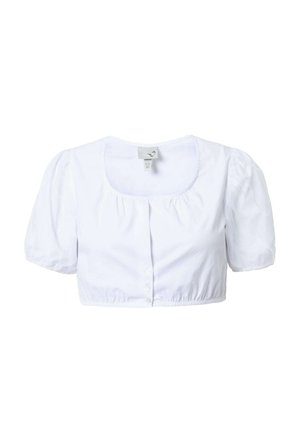 Valkoinen lyhytcropattu paita, jossa on lyhyet puffhihat, pyöreä pääntie, etupainikekiinnitys ja kasattu elastinen helma, joka luo armollisen istuvuuden.