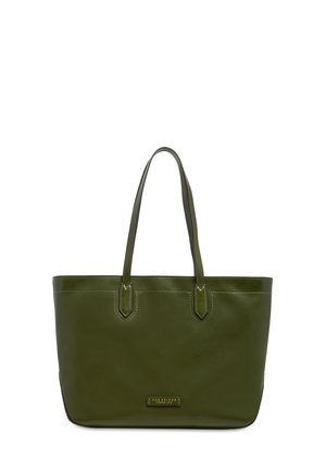 Borsa tote in pelle verde oliva con doppi manici a spalla e piccola targhetta rettangolare in metallo con il marchio sulla parte anteriore.