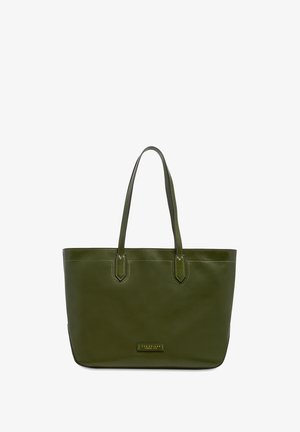 Borsa tote in pelle verde oliva con doppi manici a spalla e piccola targhetta rettangolare in metallo con il marchio sulla parte anteriore.