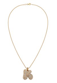 Goldkette mit einem Anhänger in Form des Buchstabens "K", besetzt mit klaren Strasssteinen und einer glatten, polierten Oberfläche.