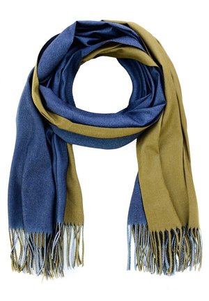 Soft wool scarf in navy blue and olive green with fringed ends, folded in a loose loop on a white background.