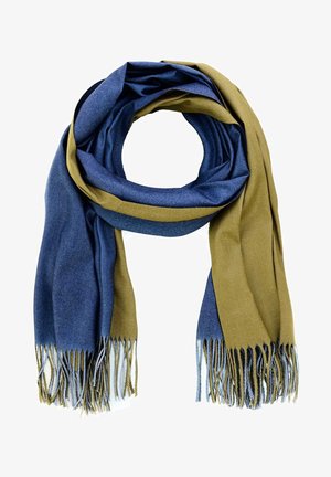 Écharpe en laine douce bleu marine et vert olive avec des extrémités à franges, pliée en boucle lâche sur un fond blanc.