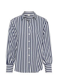 Gestreept shirt in marineblauw en wit, met een knoopsluiting aan de voorkant, kraag en lange pofmouwen met aansluitende manchetten. Glad materiaal met een getailleerde pasvorm.