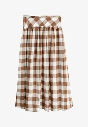 Ruskea-valkoinen ruudullinen korkeavyötäröinen midihame, jossa laskostettua kangasta vyötärön alapuolella, valmistettu kevyestä materiaalista.