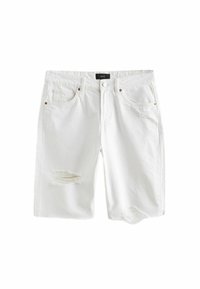 Shorts din denim alb cu o croială relaxată, având buzunare frontale, detalii uzate pe piciorul stâng și accente de hardware bronzat.