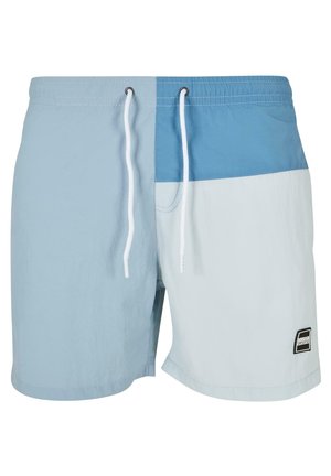 Light blue swim shorts featuring a two-tone design, elastic waistband with drawstring, and a small branded patch on the lower right side.
