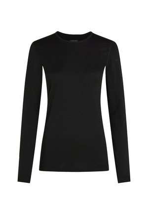 Camisa negra de manga larga hecha de tela suave, con cuello redondo y un pequeño logo en la manga izquierda. Diseño limpio y minimalista.