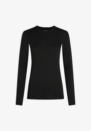 Mustapaita pitkillä hihoilla, valmistettu pehmeästä kankaasta, pyöreällä kaula-aukolla ja pienellä logolla vasemmassa hihassa. Siisti, minimalistinen muotoilu.