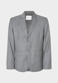 Gray pinstriped blazer with a single-breasted design, two front pockets, and a notched collar. Smooth interior lining, two-button closure.