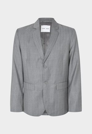 Gray pinstriped blazer with a single-breasted design, two front pockets, and a notched collar. Smooth interior lining, two-button closure.